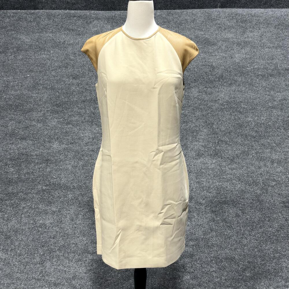 Ralph Lauren Dress Womens 10 Beige Wool Calfskin Leather Cap Sleeve Sheath Knit